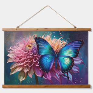 Blauer Schmetterling und der Dahlia Wandteppich Mit Holzrahmen