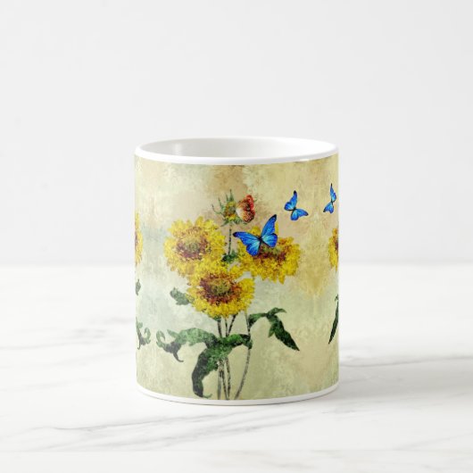 Blauer Schmetterling und Gelbe Sonnenblume Kaffeetasse (Mittel)