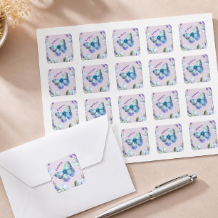 Blauer Schmetterling und Lavendel Personalisiert Quadratischer Aufkleber