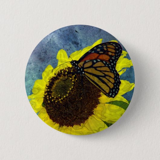 Blauer Schmetterling und Sonnenblume Hintergrund Button (Vorderseite)