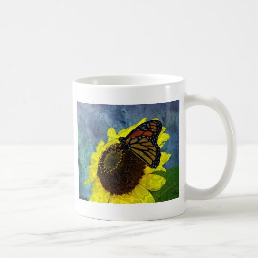 Blauer Schmetterling und Sonnenblume Hintergrund Kaffeetasse (Rechts)