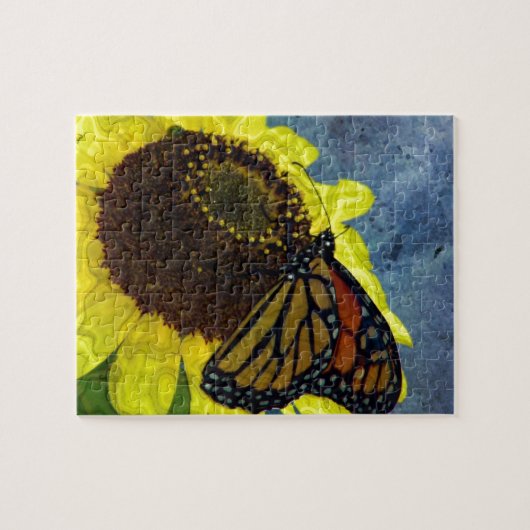 Blauer Schmetterling und Sonnenblume Hintergrund Puzzle (Horizontal)