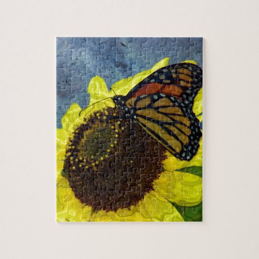 Blauer Schmetterling und Sonnenblume Hintergrund Puzzle (Vertikal)