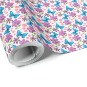 Blauer Schmetterling und violettes Blumenmuster Geschenkpapier (Rolleneckpunkt)