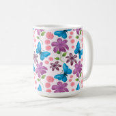 Blauer Schmetterling und violettes Blumenmuster Kaffeetasse (VorderseiteRechts)