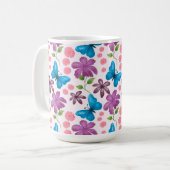 Blauer Schmetterling und violettes Blumenmuster Kaffeetasse (Vorderseite Links)
