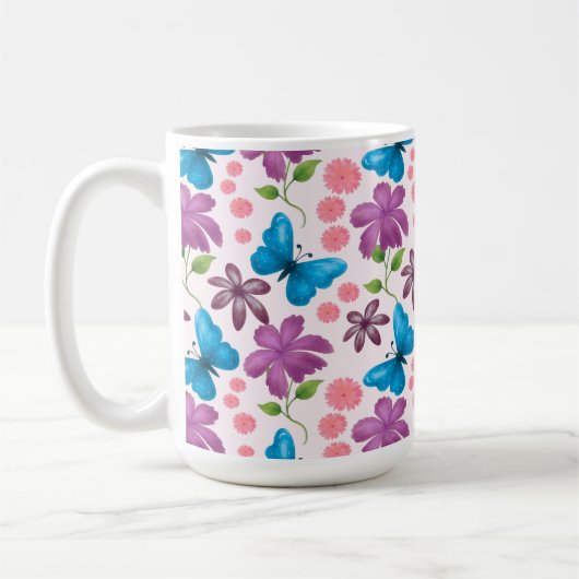 Blauer Schmetterling und violettes Blumenmuster Kaffeetasse (Links)
