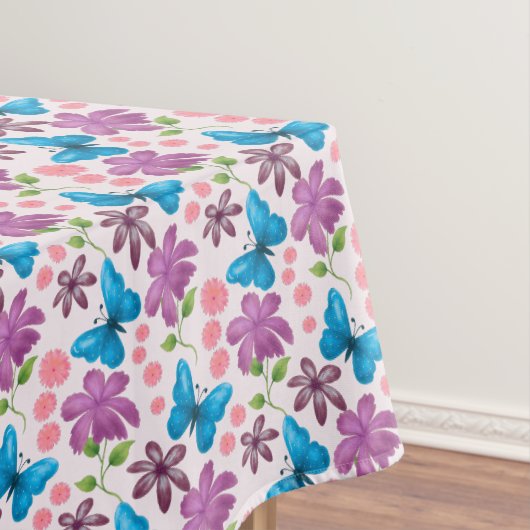 Blauer Schmetterling und violettes Blumenmuster Tischdecke (Beispiel)