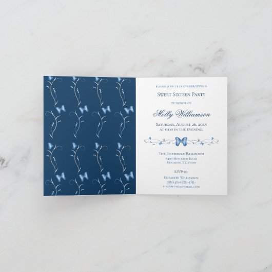Blauer Schmetterling und Wirbel Süß 16 Einladung (Innenseite)