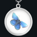 Blauer Schmetterling Versilberte Kette<br><div class="desc">Schöner blauer Schmetterling in Aquarell und Gouache von der Künstlerin Sarah Trett gemalt.</div>