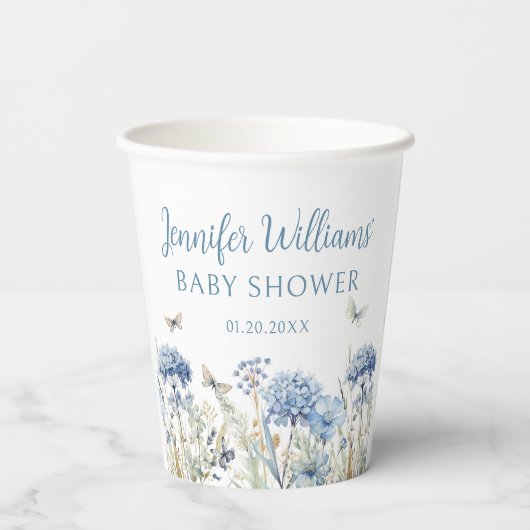 Blauer Schmetterling Wildblume Babydusche Papierbe Pappbecher (Rückseite)