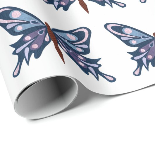 "Blauer Schmetterlings-" MattPackpapier Geschenkpapier (Rolleneckpunkt)