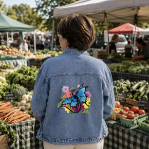 Blauer Schmetterlingsflügel-Drache Bunte Blumen Jeansjacke