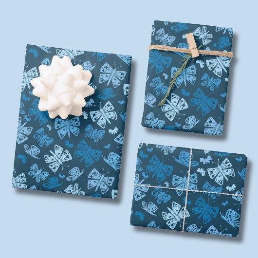 Blauer Schmetterlingsmuster Geschenkpapier Set