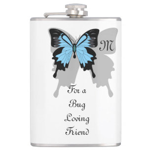 Blauer Schmetterlingsschatten Monogramm Flachmann