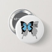 Blauer Schmetterlingsschattenmonogramm Button (Vorne & Hinten)