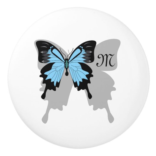 Blauer Schmetterlingsschattenmonogramm Keramikknauf (Vorderseite)