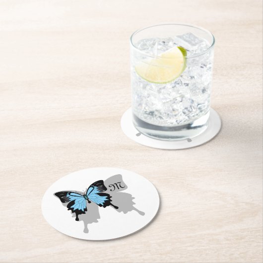 Blauer Schmetterlingsschattenmonogramm Runder Pappuntersetzer (Vor Ort)