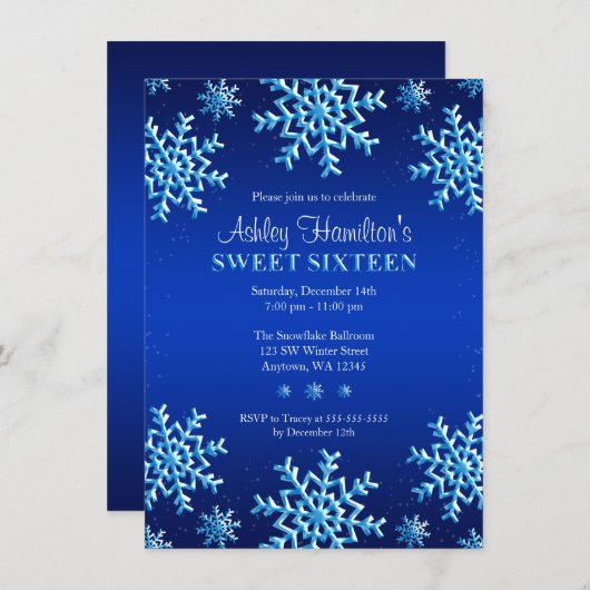 Blauer Schneeflocke-Winter-Märchenland-Bonbon 16 Einladung (Vorne/Hinten)