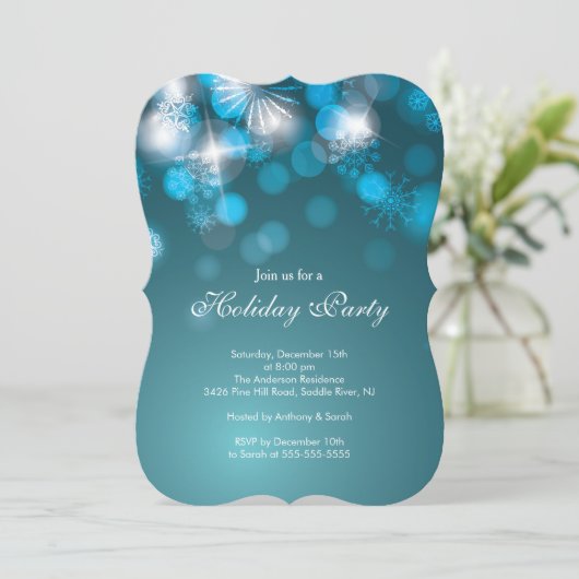 Blauer Schneeflocken & Bokeh Lights - Einladung (Stehend Vorderseite)