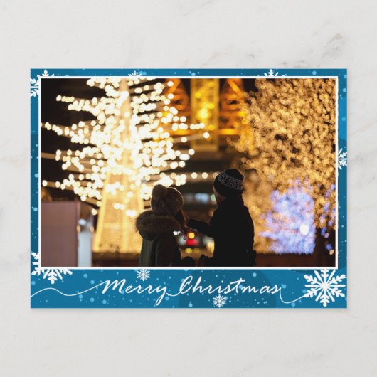 Blauer Schneeflocken Foto Weihnachten Postkarte (Vorderseite)