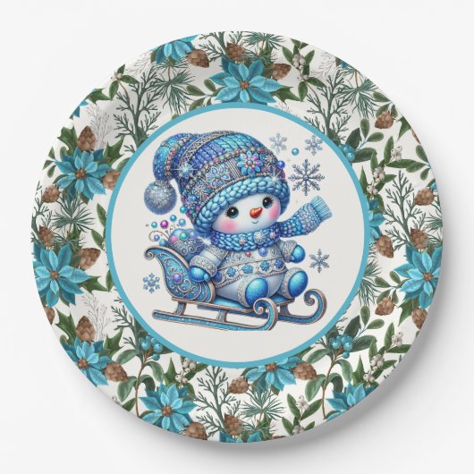 Blauer Schneemann Pappteller (Vorderseite)