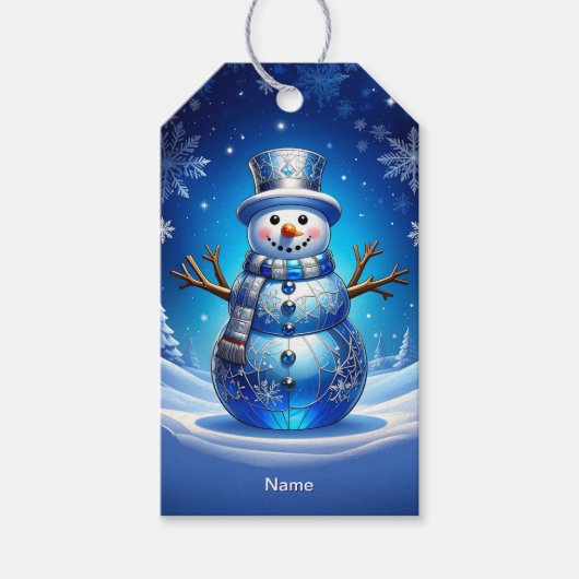 Blauer Schneemann-Schneeflocken-Feiertags-Geschenk Geschenkanhänger (Vorderseite)