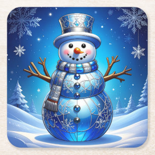 Blauer Schneemann-Schneeflocken-Feiertags-Papier-G Rechteckiger Pappuntersetzer
