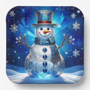 Blauer Schneemann-Schneeflocken-Feiertags-Papierpl Pappteller