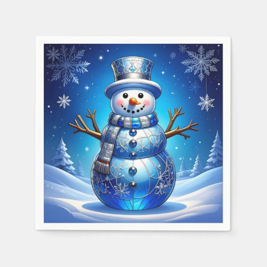 Blauer Schneemann-Schneeflocken-Feiertagsserviette Serviette (Vorderseite)
