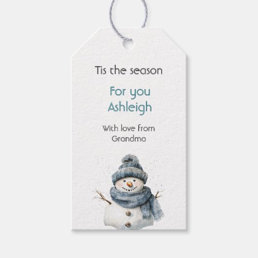 Blauer Schneemann Weihnachten Geschenkanhänger (Vorderseite)