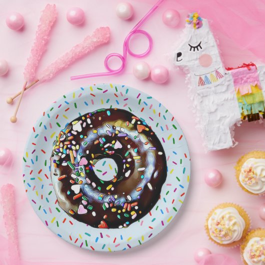 Blauer SchokoladenDonut mit Sprinklen-Papierplatte Pappteller (Party)