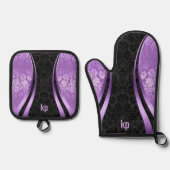 Blauer schwarzer Damast, Augenfang, dynamische Lin Ofenhandschuh & Topflappen-Set (Vorderseite)