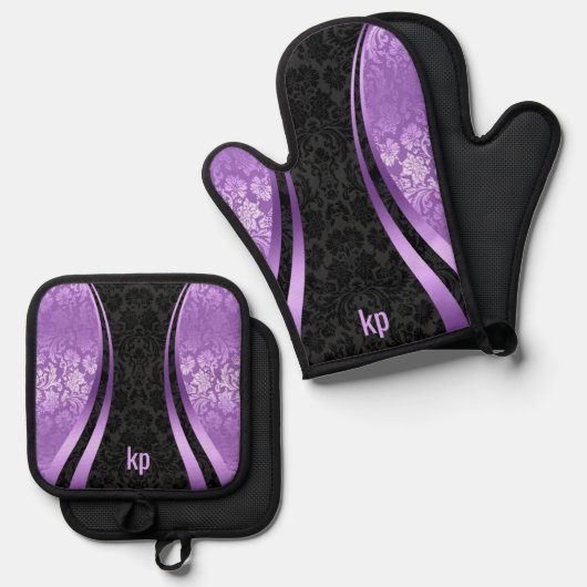 Blauer schwarzer Damast, Augenfang, dynamische Lin Ofenhandschuh & Topflappen-Set (Vorderseite/Rückseite)