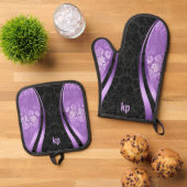 Blauer schwarzer Damast, Augenfang, dynamische Lin Ofenhandschuh & Topflappen-Set (Oben Unten)