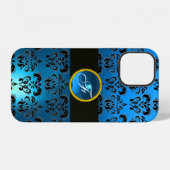 BLAUER SCHWARZER DAMAST-EDELSTEIN-MONOGRAMM iPhone HÜLLE (Rückseite (Horizontal))