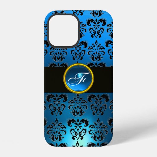 BLAUER SCHWARZER DAMAST-EDELSTEIN-MONOGRAMM iPhone HÜLLE (Rückseite)