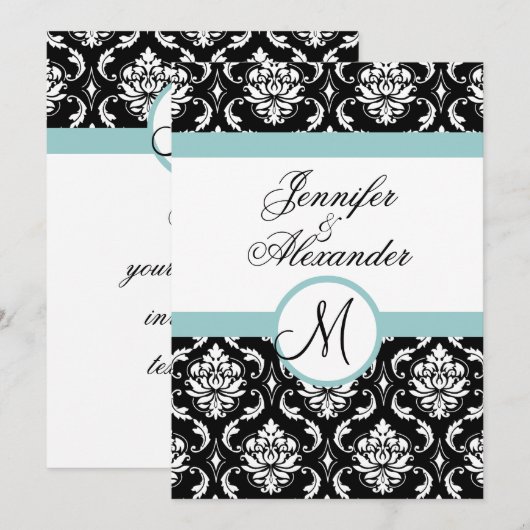 Blauer schwarzer Damast Einladung zur Hochzeit (Vorne/Hinten)
