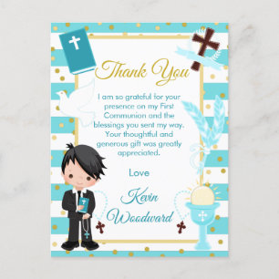 Blauer schwarzer Haarjunge Erste Kommunion Danke Postkarte