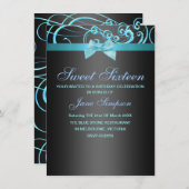 Blauer/schwarzer Swirl & Bow Sweet 16 Birthday Ein Einladung (Vorne/Hinten)