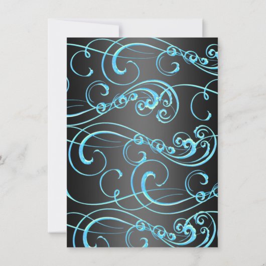 Blauer/schwarzer Swirl & Bow Sweet 16 Birthday Ein Einladung (Rückseite)