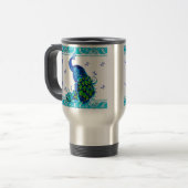 Blauer Schwengel und Pfauendesign Reisebecher (Vorderseite Links)