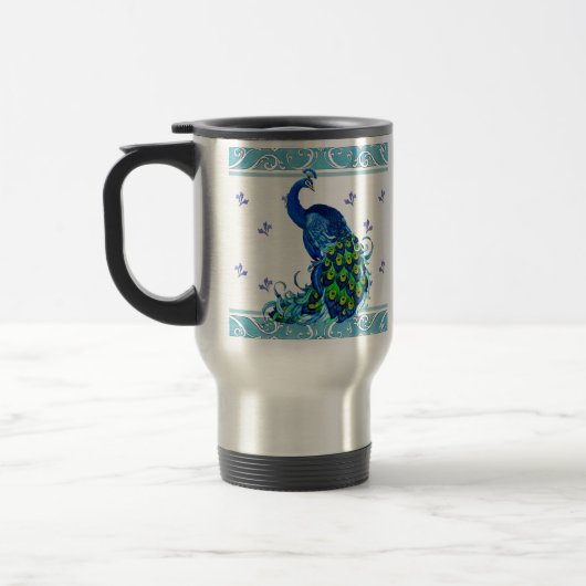 Blauer Schwengel und Pfauendesign Reisebecher (Links)