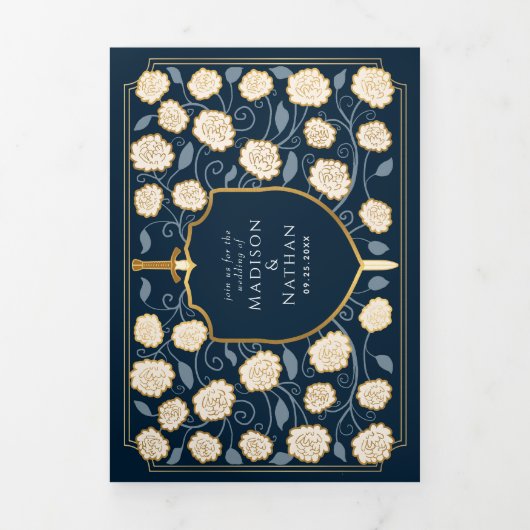 Blauer Schwert und Schild Mittelalterliche Hochzei Dreifach Gefaltete Einladung (Cover)