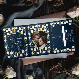 Blauer Schwert und Schild Mittelalterliche Hochzei Dreifach Gefaltete Einladung