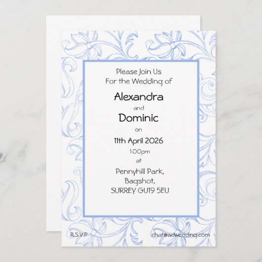 Blauer Scrolltyp Rand gemustert Einladung (Vorne/Hinten)