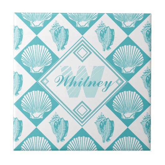 Blauer Seashell-Diamant-Seestrand-Monogramm Fliese (Vorderseite)