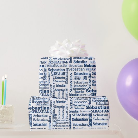 Blauer Sebastian Name in Weiß Geschenkpapier (Partygeschenke)