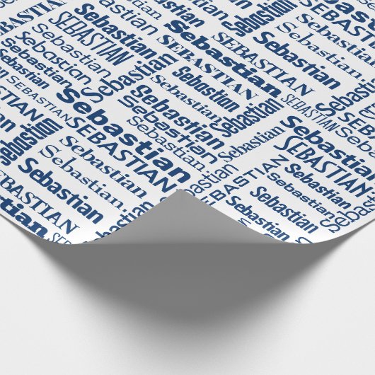 Blauer Sebastian Name in Weiß Geschenkpapier (Ecke)
