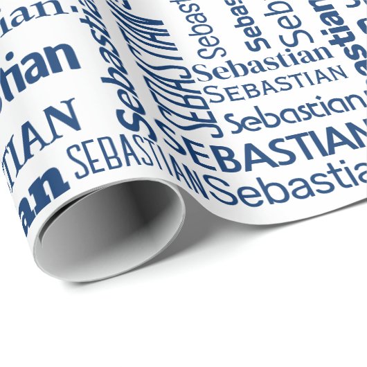 Blauer Sebastian Name in Weiß Geschenkpapier (Rolleneckpunkt)